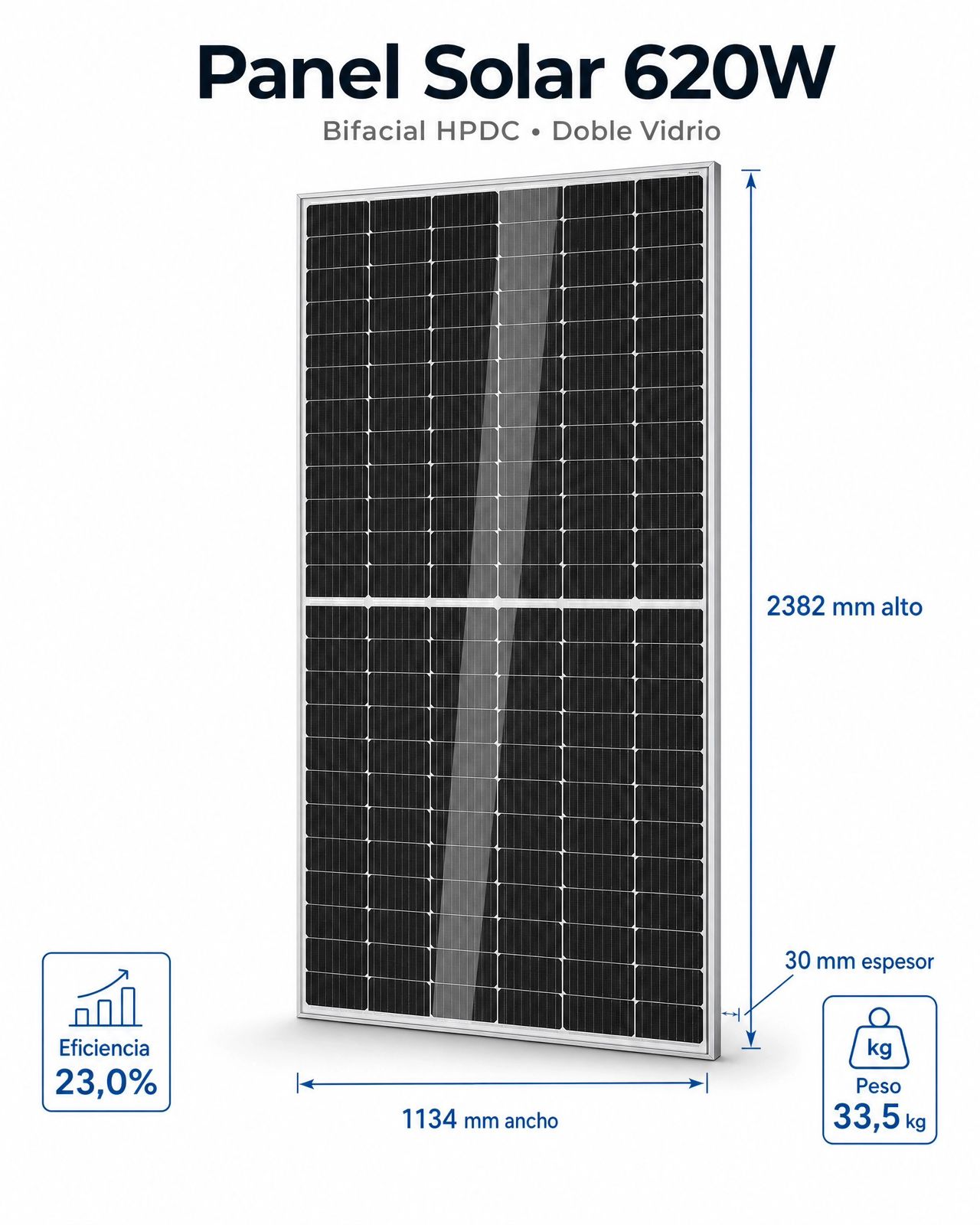 Panel Solar LONGi 620W Bifacial HPDC Doble Vidrio