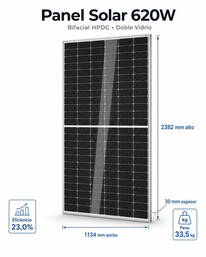 Panel Solar LONGi 620W Bifacial HPDC Doble Vidrio